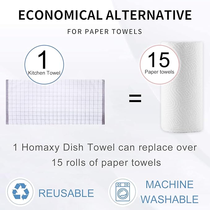 Homaxy 100% Cotton Terry Kitchen Towels(White, 13 x 28 inches), Checkered Designed, Soft and Super Absorbent Dish Towels, 6 Pack