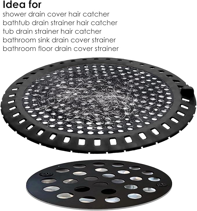 2PCS Shower Hair Drain Catcher/Strainer/Cover/Filter/Trap, Hair Stopper Floor Drain, Stainless Steel with Silicone Edge Drain Protector, Black, 4.75 Inch Diameter