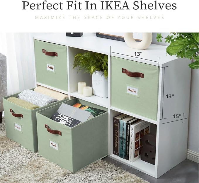 DECOMOMO Storage Baskets, 13x15x13 Storage Cube Bins with Labels for Organizing Shelves Kallax (Kallax / 4pcs, Sage Green)