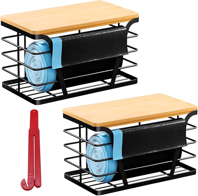 2 - Pack Trash Bag Dispenser with Bamboo Top, Stackable Garbage Bag Holder, Large Capacity Trash Bag Storage Space-Saving Trash Bag Holder Dispenser Storage Solution, Trash Bag Storage Organizer.