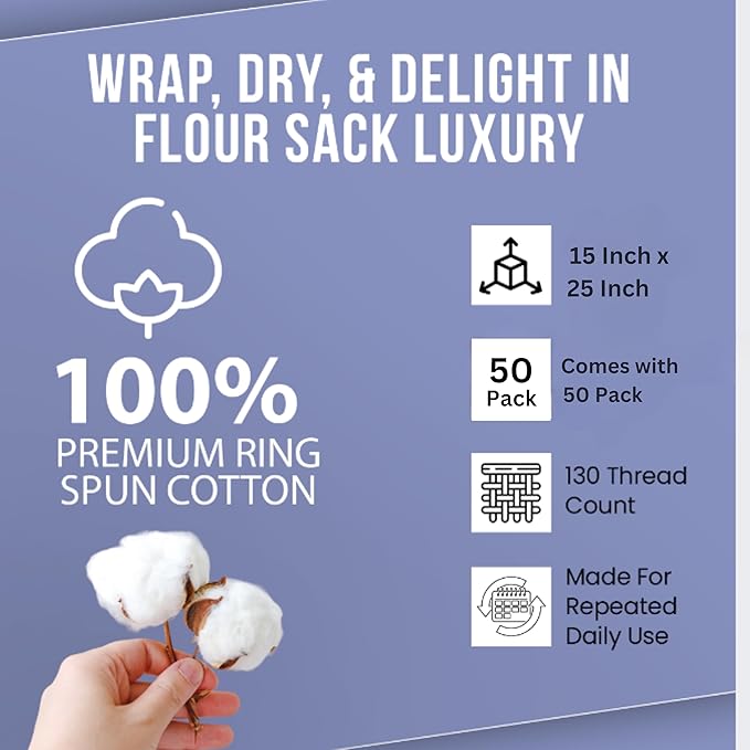 WHITEWRAP Flour Sack Towels| TeaTowel for Crafts| Kitchen Dish Cotton Blank Towel for Embroidery|Baking Bread Proofing Linen Cover| Thick Absorbent Quick Dry| 50 Pack15 x25 Natural