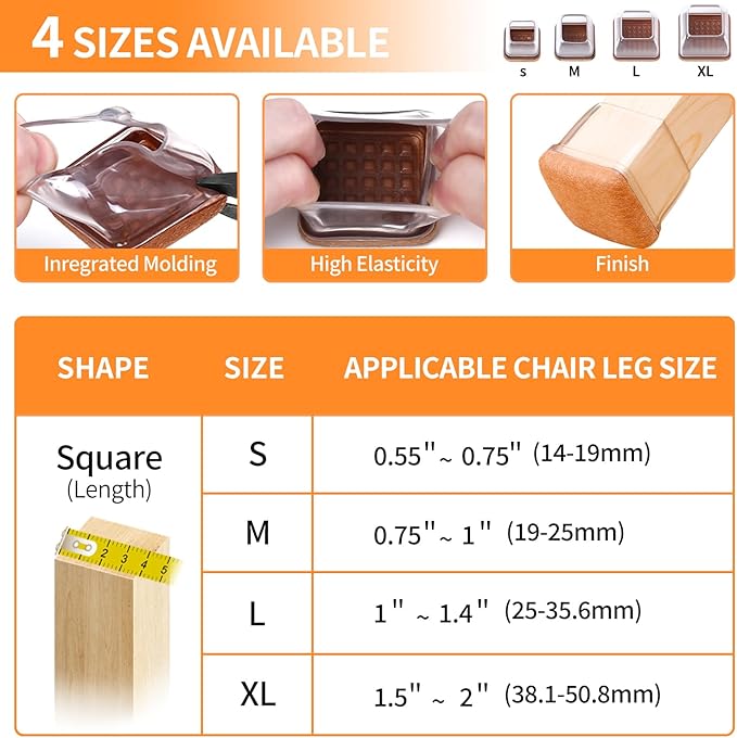 Ezprotekt 24 Pcs Small Clear Square Chair Leg Floor Protectors for Hardwood Floors, Silicone Felt Furniture Pads, Table Chair Leg Cups Covers, Bar Stool Leg Protectors Caps (S Fit: 3/5" to 7/10")