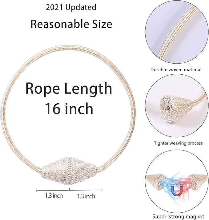 2 PCS Magnetic Curtain Tiebacks, European Style Convenient Drape Tie Backs Holdbacks for Thin or Thick Home & Office Window Draperies, No Tools Required（Beige）