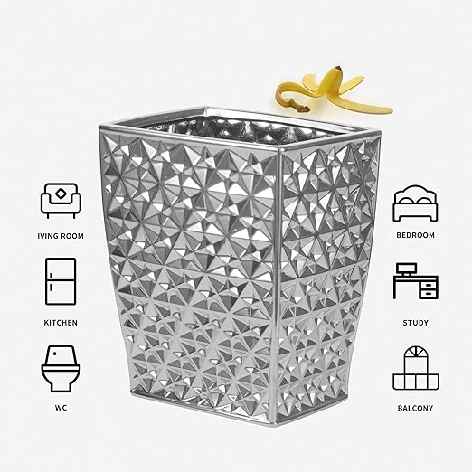 Ceramic Rectangular Small Trash Can - Wastebasket, Garbage Container Bin for Bathroom, Bedroom, Kitchen, Home Office, and Kids Room, Holds Waste, Recycling - Silver