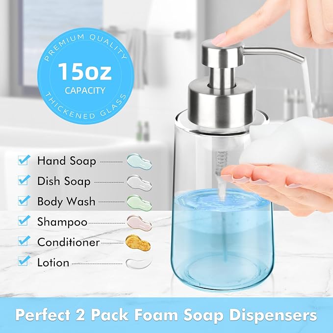 2 Pack Glass Foaming Soap Dispenser With Waterproof Labels, Hand and Dish Set, Rust Proof Stainless Steel Pump, 15 Oz Clear Bottle for Kitchen & Bathroom
