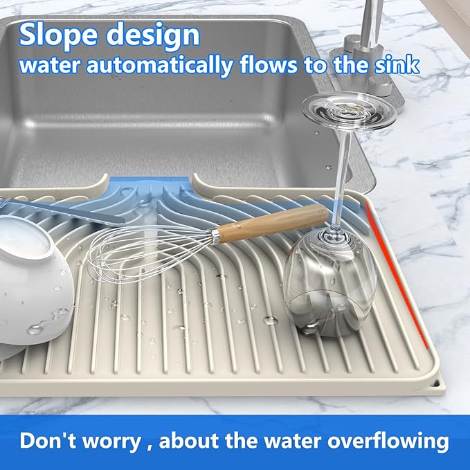 Dish Drying Matt for Kitchen Counter,18"×12"Silicone Dry Rack Mat with Built in Drain, Kitchen Dry Mats for Dishes Drying Pad for Counter(18"×12"Cream)
