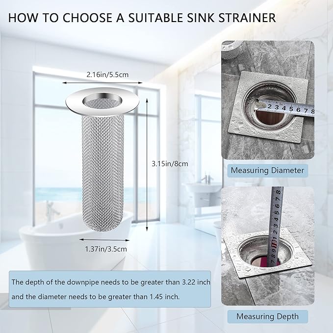 Resdenio Bathroom Sink Drain Strainer Stainless Steel, 2 Pack Floor Drain Filter Mesh Basket Filter Hair Trap Anti-Clog Slag Strainer - Large Wide Rim 2.16" Diameter