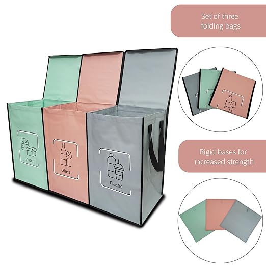 NYIKA - Recycling Organizer - Reusable Recycling Bags - Recycling Sorter - Trash Sorting Bins - 3 Compartment Recycle - Pack of 3 Bags with Lid (Mediterranean)