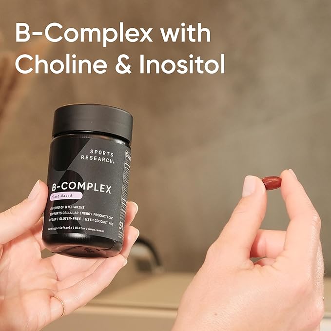 Sports Research® Vitamin B-Complex - Full Spectrum of B Vitamins with Methylated B12 & Folate - Gluten Free · Plant-Based · Non-GMO · Vegan-Friendly Formula - 60 Veggie Softgels