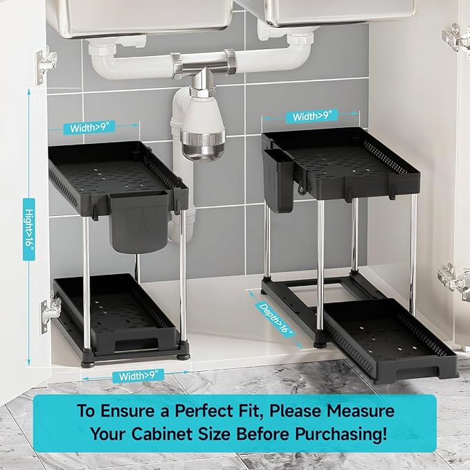 Under Sink Organizer, 2 Tier Pull Out Cabinet Organizer with Hooks Hanging Cup, Easy Installation & Rust-resistant, Multi-Purpose Storage Shelf for Kitchen Bathroom Pantry (Black, 2 Pack)