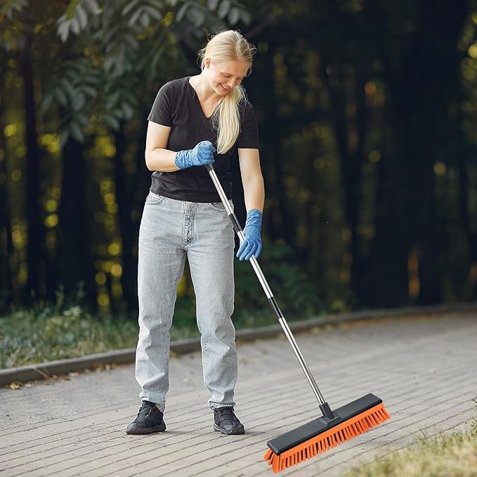 18" Push Broom Outdoor with Rubber Squeegee,Heavy Duty Broom Brush with Handle,Stiff Bristles for Patios and Deck Dirt Garage Warehouse Driveway Concrete Floor Cleaning Scrubbing