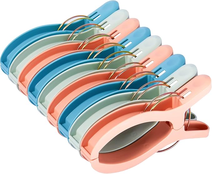 9 Pack Beach Towel Clips Beach Chairs 3 Colors Jumbo Size Towel Clamps Lounge Pool Chairs Plastic Clothes Pegs Hanging Clip Clamps Large for Home Cruise Vacation (9 Pack-3 Color)