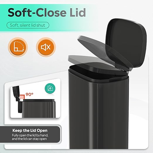 WLIVE 13 Gallon Stainless Steel Trash Can with Inner Bucket, Kitchen Garbage Can with Lid, 50L Soft Close Step Trash Can with Metal Foot for Home, Kitchen, Laundry Room, Office, Black