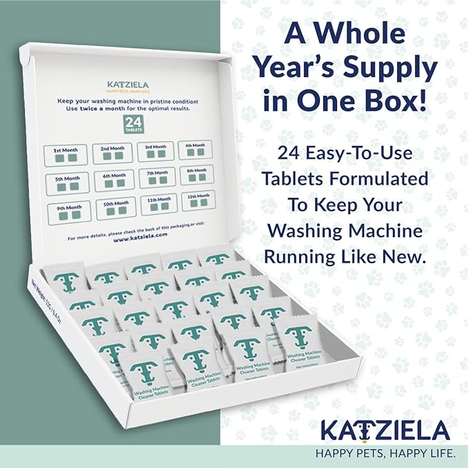 Katziela Washing Machine Cleaner Tablets – 24 Pack (12-Month Supply) – Formulated for Pet Owners – Helps Loosen Pet Hair & Eliminate Odors – Fragrance-Free, Enzyme-Based – Septic Safe & HE Compatible