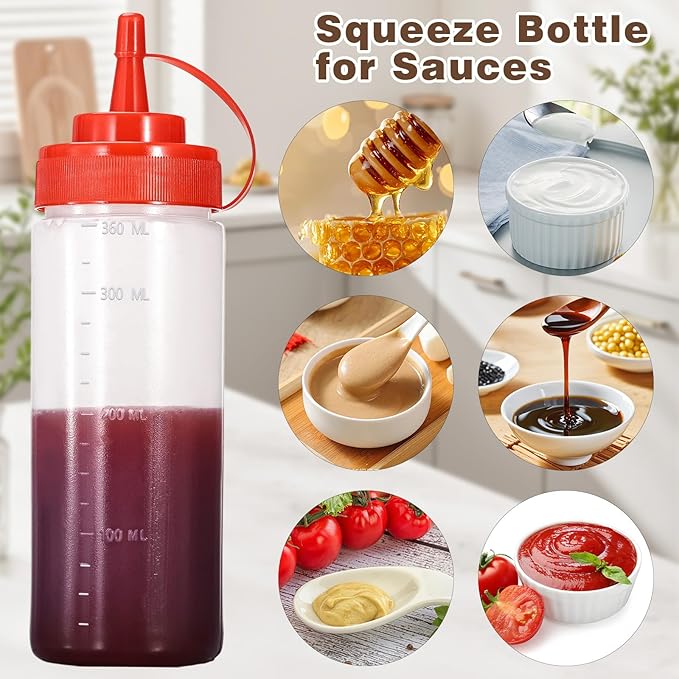Squirt Bottles for Sauces Ketchup Bottles Squeeze, 2 Pack 12oz Condiment Squeeze Bottles for Liquids BBQ Dressing Pancake Art, Plastic Sauce Bottle with Cap Lid