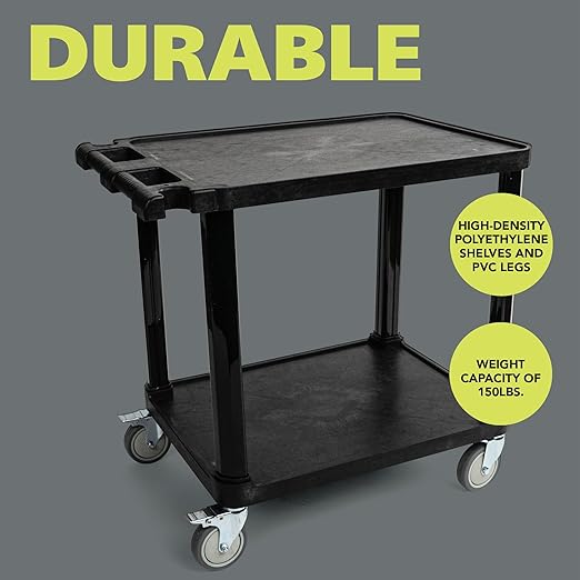 Pearington 2-Tier Compact Multi-Purpose Plastic Utility Cart with Lockable Wheels up to 150lbs, Black