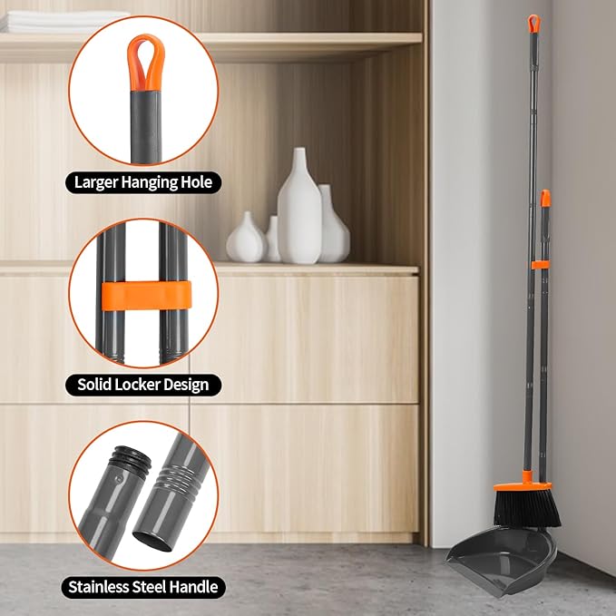 Long Handle Broom with Upright Standing Dustpan Combo for Office Home Kitchen Lobby Floor Cleaning