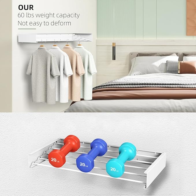 Laundry Drying Rack, Collapsible Wall Mounted Clothes Drying Rack - Foldable,Space Saving, 13.2 Linear Ft, 5 Aluminum Rods, 60 lb Capacity (White, 31.5)