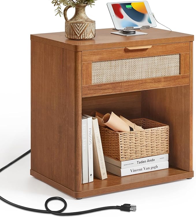 LEYAOYAO Rattan Nightstands Set of 2 with Charging Station, Natural Wood Night Stand with Drawer, 23" Wide Boho Bedside Table Open Cabinet, Bed Side Table Dresser for Bedroom, Living Room, Entrance