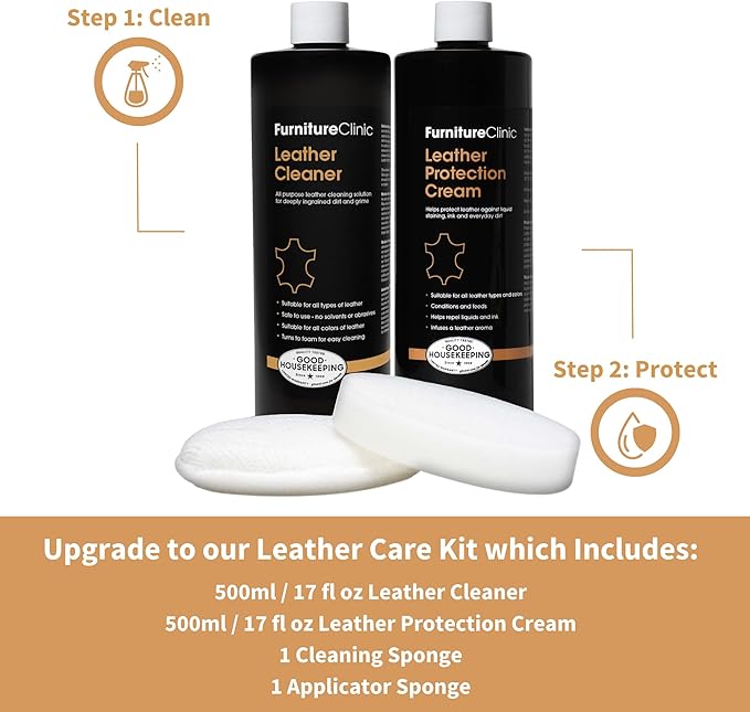 Furniture Clinic Leather Cleaner | Non-Toxic | Removes Dirt & Grime | All-Purpose Cleaning Solution for Couches, Car Seats, Purses, Shoes & Saddles | Restores All Leather Types | 17oz / 500ml