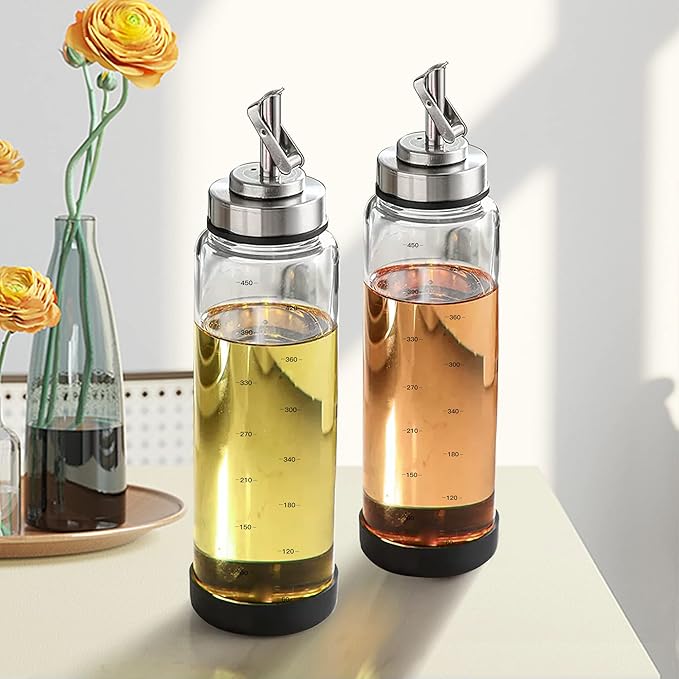Suli Glass Olive Oil Dispenser Bottle -2 Pack17oz Oil and Vinegar Cruet Set with Steel Spouts and Labels for Kitchen Cooking, Salad Dressing, and BBQ (Silver)