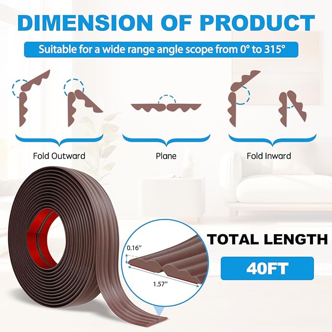 Wall Corner Protector Peel and Stick Corner Trim Molding Flexible Inside & Outside Wall Edge Guard Self Adhesive Moulding Trim for Edge Use, Brown, 1.6” W x 40’ L