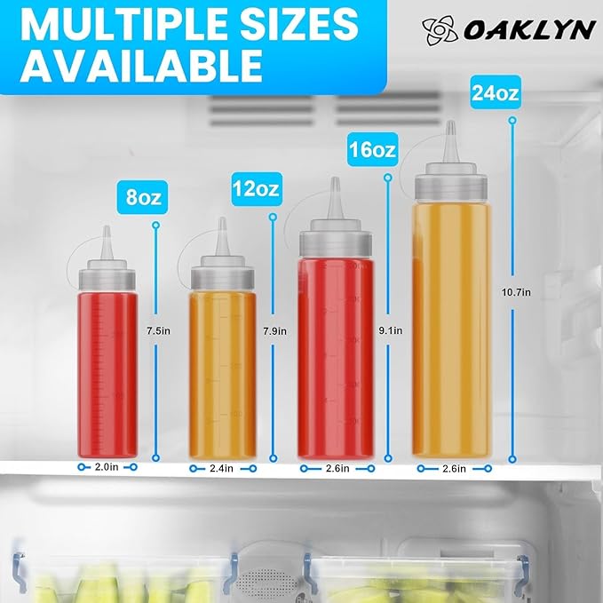 Oaklyn Squeeze Bottles 8oz 6 Pack - Reusable Condiment Bottles for Sauces Liquids BPA-Free Leak Proof Design, Easy to Clean Plastic Squeeze Bottles with Nozzle