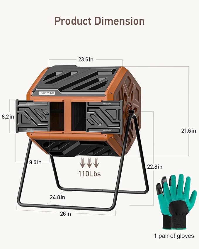 THEGROW'ING Updated 43 Gallon Outdoor Compost Bin. with Thermometer, Fast to Assemble. Tumbling Design, Dual Chambers. Rotating Function, Ideal for Outside, Backyard, Garden, Yard. Orange.