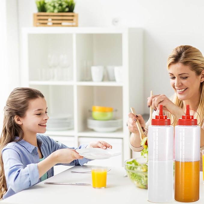 Condiment Squeeze Bottles Ketchup Dispenser, 2 Pack 32oz Squeeze Bottles for Liquids, Plastic Sauce Bottle with Cap Lid, Squirt Bottles for Sauces Liquids BBQ Dressing Pancake Art