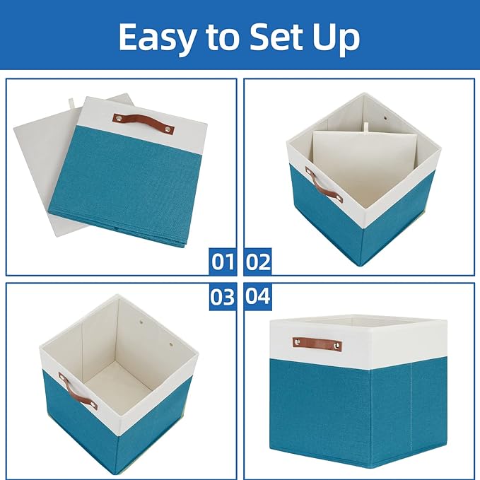 Temary Cube Storage Bins Storage Cube Bins for Home, 4 Pack Fabric Storage Bins for Organization, Storage Cubes 13x13 Cube Baskets with Leather Handles (White&Teal)