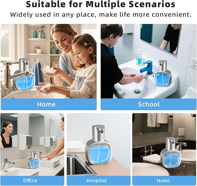 Automatic Liquid Soap Dispenser, 17oz/500ml Touchless Rechargeable with 4-Level Adjustable & IPX5 Waterproof - Level Display for Wall/Tabletop Use in Bathroom, Kitchen, Silver