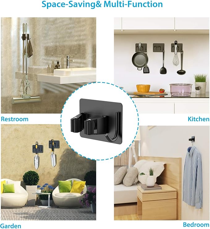 Mop Broom Holder No Drill, Mop Broom Organizer Wall Mounted Heavy Duty with Hooks Hanger, Self Adhesive Stainless Steel 4Pcs for Bathroom, Kitchen, Office (Black)