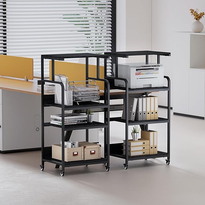 4 Tier Printer Stand with Storage Shelf, Large Tall Printer Table for Home Office, Mobile Printer Cart with Industrial Wheels for Paper Shredder Scanner Fax Heat Press Small Space Organization (Black)