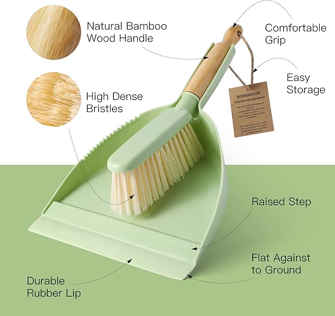 Dust Pan and Brush Set - Small Dustpan and Brush Set, Handheld Broom and Dustpan Set, Brush and Dust Pan Set for Car, Pet Care, Office, 14 x 8.7 inch, Green