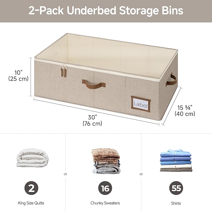 StorageWorks Under Bed Storage Bins, 10'' Underbed Storage Containers with Lid, 90L Clothes Organizer for Bedding, Blankets, Sweaters, Shoes, 2-Pack