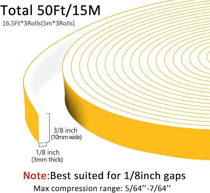 Strong Adhesive Weather Stripping Door Seal Strip Insulation Tape Roll for Insulating Door Frame, Window, Air Conditioner Soundproof Foam Sealing Strip, White(3/8 in x 1/8 in x 50Ft)