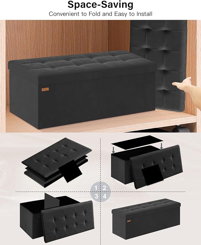 Folding Storage Ottoman, Velvet Storage Bench, Footrest, Removable Divider, for Living Room, Bedroom, 15 x 43 x 15 Inches, 660 lb Load Capacity, Ink Black UASND02B