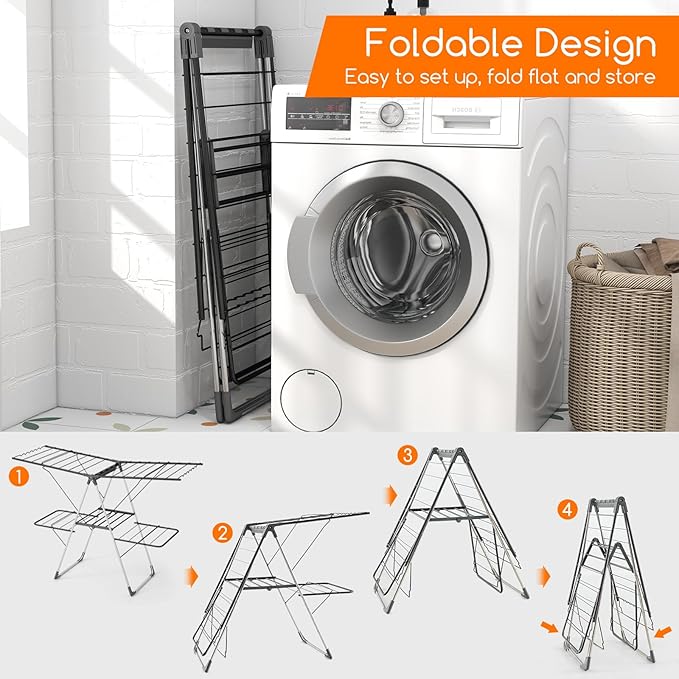 Giantex Clothes Drying Rack, Foldable Laundry Drying Rack with 33 Drying Rails, 3-Level Adjustable Height, Versatile Clips, Wave-Shaped Bars, Collapsible Freestanding Airer for Indoor Outdoor