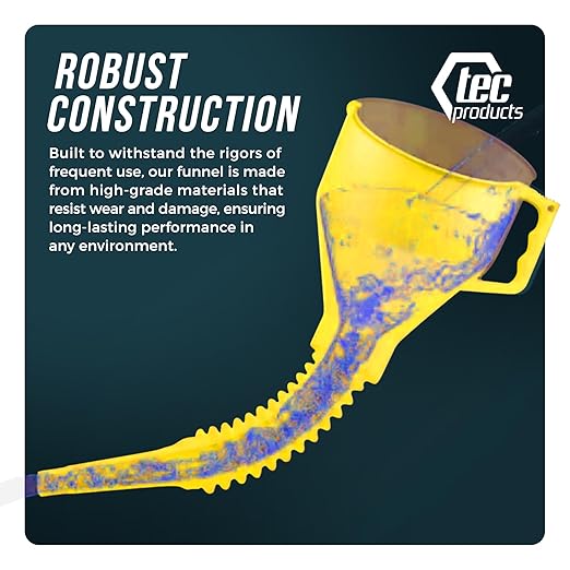 TEC Products FlexAll Long Flexible Funnel for Automotive Use - Durable Nitrile Rubber - Ideal for Car Oil Change, Transmission Funnel Fluid, Diesel, Fuel, Gas - Made in USA - Yellow (12 x 4 Inches)