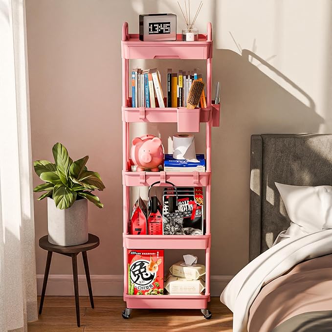 5 Tier Rolling Cart Organizer,Bathroom Cart Organizers with Wheels Laundry Room Organization Mobile Shelving Unit Utility Cart Storage Shelves Multi-Functional for Office, Home(Pink)