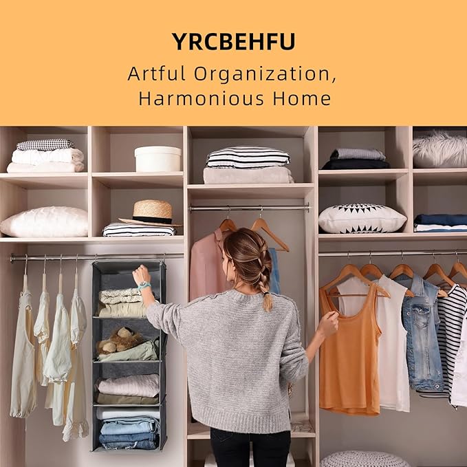 2 Packs Hanging Closet Organizer, 4-Shelf Closet Organizers and Storage with Side Pockets, Collapsible Hanging Shelves for Closet & RV & College Dorm,Grey