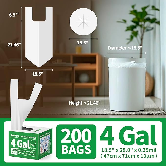 Small Trash Bags with Handles 4 Gallon 200 Count White - Ocean Plastic Upcycling - Plastic Garbage Bags, Can Bin & Waste Basket Liner for Kitchen, Bathroom, Office and Pets