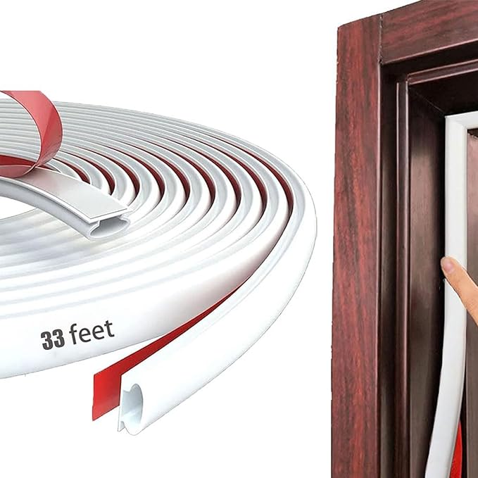 Black Rubber Weather Stripping Door Seal Strip, D Shape Door Rubber Weather Seal Strip, Self-Adhesive Door Weatherstripping Soundproofing Door Seal Strip for Windows (33 feet, White),(pundin-1)