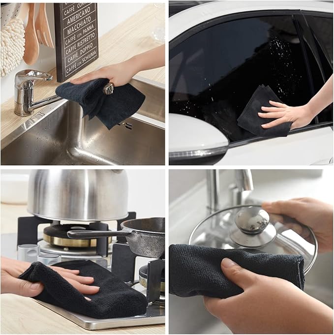 KinHwa Microfiber Dish Cloths for Washing Dishes Ultra Absorbent Dish Rags Fast Drying Kitchen Wash Clothes 12inch x 12inch 10 Pack Black