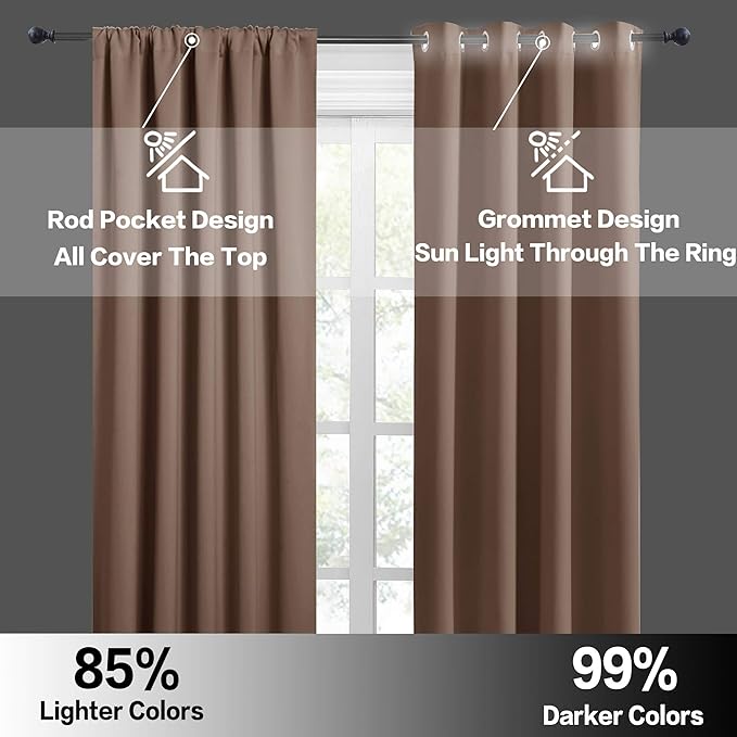 RYB HOME Small Window Curtains - Half Window Decor Blackout Shades for Living Room, Short Curtains for Cafe Shop Bathroom, 42 inches Wide x 36 inch Long, Mocha, 2 Panels