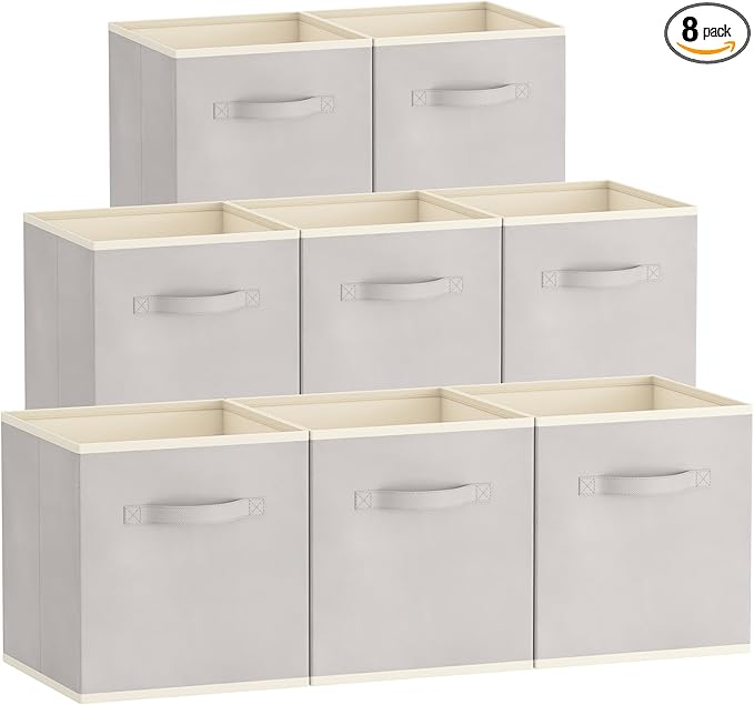 Lifewit 13 Inch Cube Storage Bins, 8 Packs Storage Cubes Foldable Decorative Fabric Storage Baskets for Organizing Home Organizers with Handles for Shelves, Closet, Light Gray