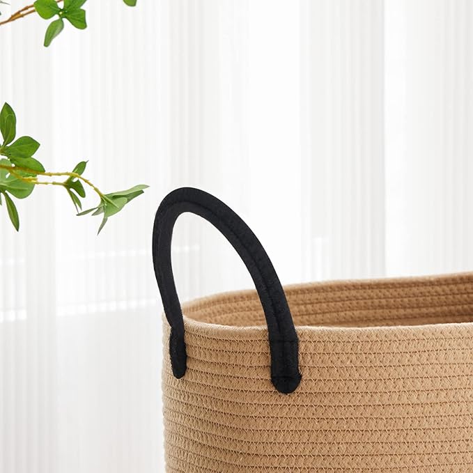 VIPOSCO Large Laundry Hamper, Tall Woven Rope Storage Basket for Blanket, Toys, Dirty Clothes in Living Room, Bathroom, Bedroom - 53L Brown & Black