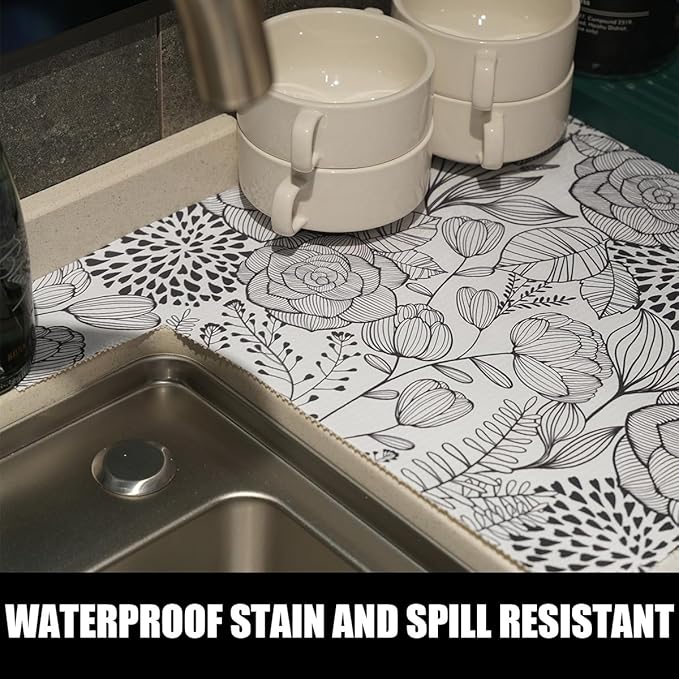 Shelf and Drawer Liner for Kitchen Cabinets, Non-Adhesive and Strong Non-Slip Floral Shelf Cabinet Drawer Liners, Waterproof Thickened Shelf Liner,Easy to Clean,Black and White,12IN x 10FT