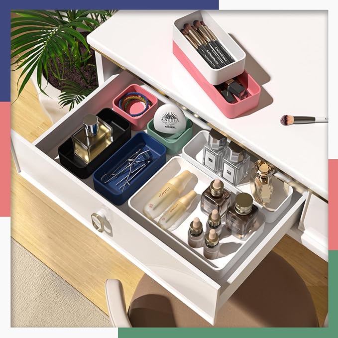 11-Piece Stackable Drawer Organizer Set, Multi-size Desk Drawer Organizer Trays Vanity Storage Bins for Storing Makeup, Stationery, Utensils in Bathroom Dresser, Office and Kitchen