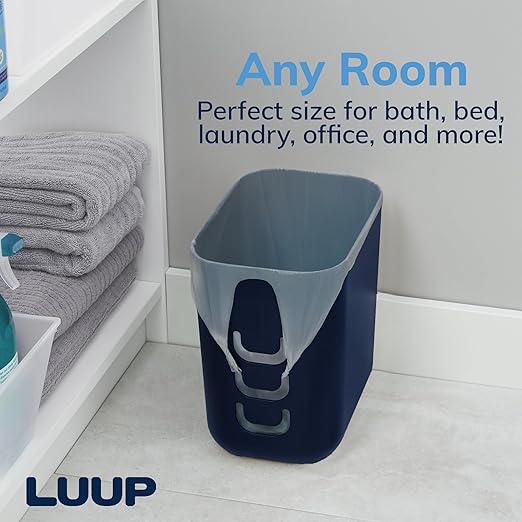 STORi Luup Bathroom Wastebasket, Secure Grocery Bags, Plastic Garbage Container for Vanity, Laundry Room, Kitchen, Office, 2.5 Gallon, Navy, Made in USA